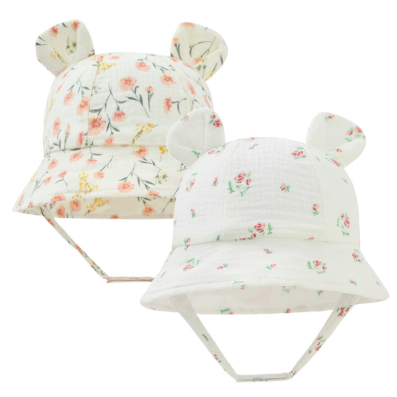 Sombrero de cubo para niñas pequeñas, gorros de muselina Panamá para el sol al aire libre, sombreros de algodón con flores, sombrero infantil para niños de 3 a 12 meses