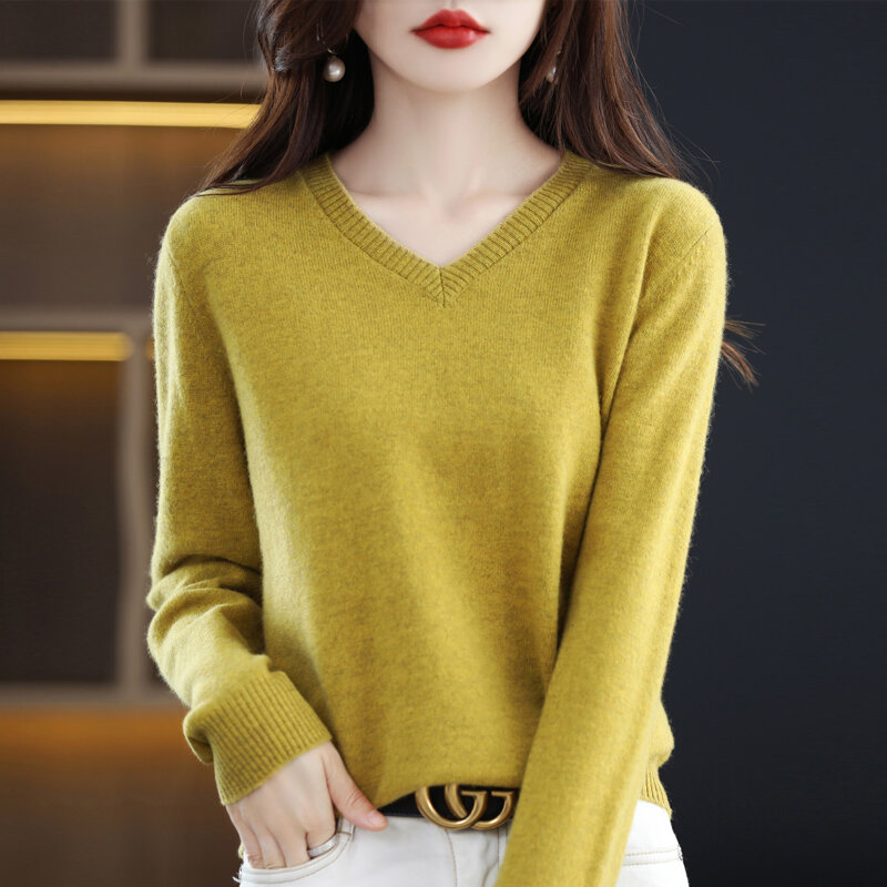 Женский яркий мягкий восковой теплый пуловер с V-образным вырезом на весну и осень, свободный облегающий универсальный модный вязаный свитер с длинным рукавом