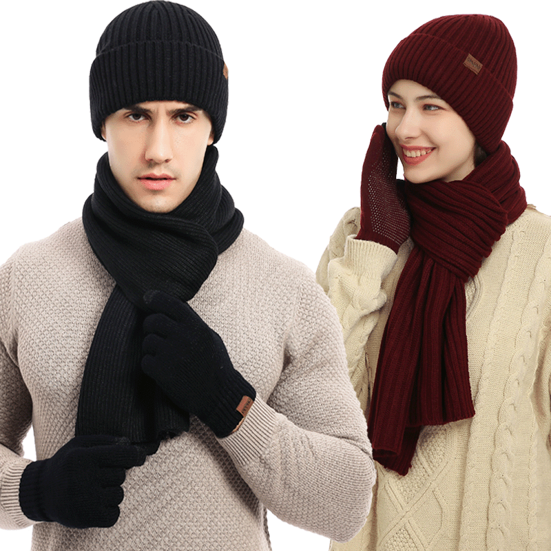 Осенне-зимний новый вязаный комплект шапки для мужчин и женщин Зимний однотонный шарф шапка перчатки Комплект из трех предметов