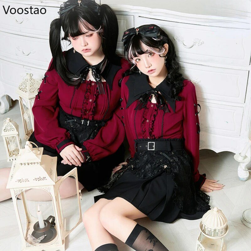 Harajuku Gothic Lolita koszula japońska Y2k estetyczna kokarda koronka wydrążona z kołnierzykiem nietoperza bluzka z długim rękawem eleganckie ubrania topy damskie