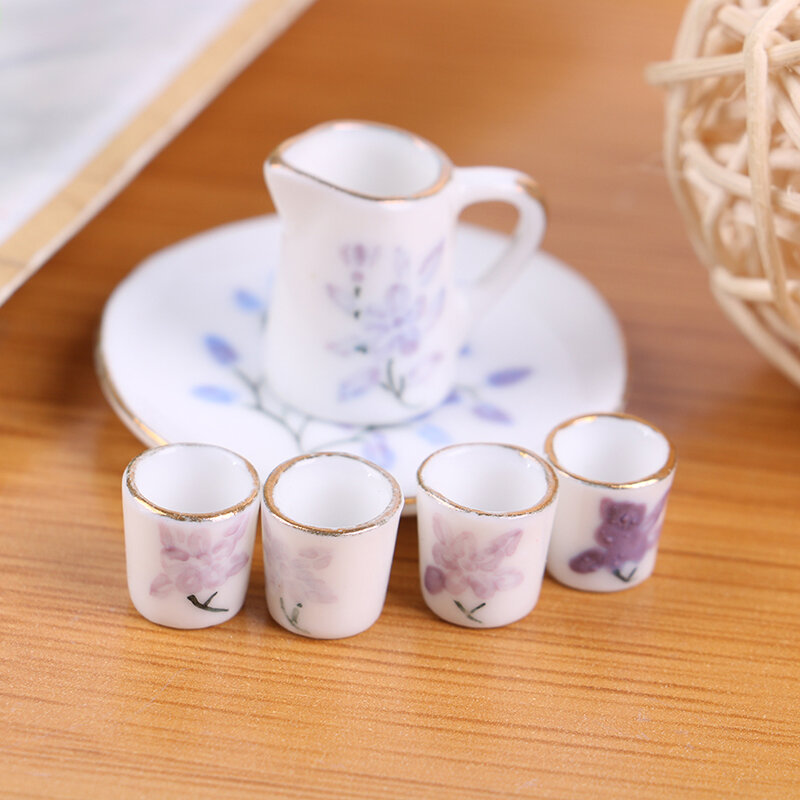 Dollhouse Miniature Porcelain Tea Cup Set para crianças, Flower Louça, Brinquedos para móveis de cozinha, 1:12