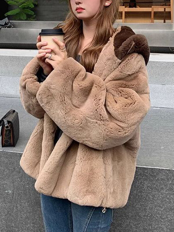 Winter Pluche Jasje Vrouwen Kawaii Beer Oor Faux Bontjas Dames Koreaanse Mode Casual Losse Warme Dikke Capuchon Bovenkleding