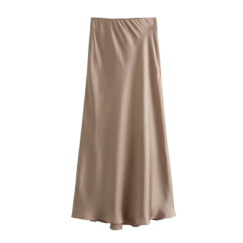 Traf Satin Midi Rock Frau hohe Taille lange Röcke für Damenmode Frühling Sommer lässig elegante Party Damen röcke