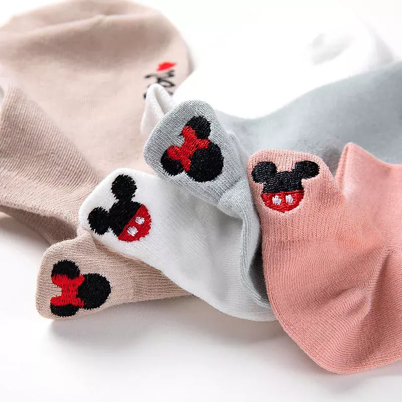 Meias femininas bordadas Disney-Mickey Head, meias finas de algodão, desenho animado Minnie Girl, novidade para o verão