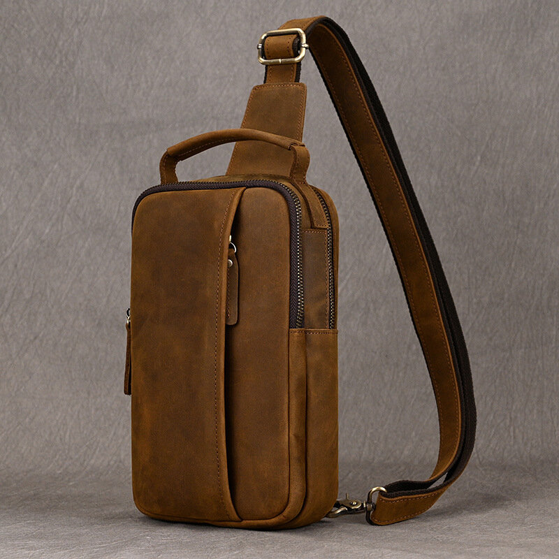Man Vintage Shoulder Chest Pack Crossbody Backpacks Leather Mens Bags Travel Casual Daypacks Men's Crazy Horse Leather Chest Bag
