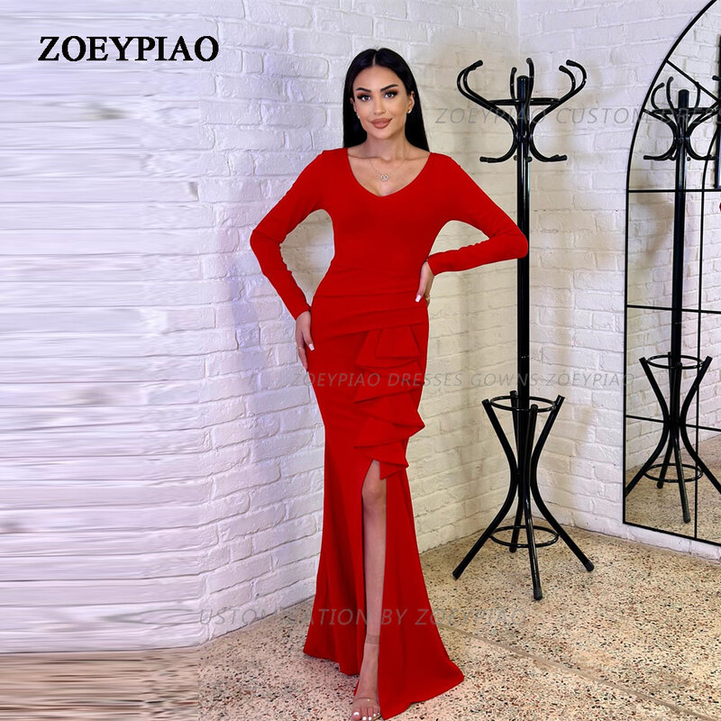 Hot Selling Red V Neck Side Slit Bodice Mermaid Prom Dress Elegant Full Sleeves Formal Event Party Gowns For Women 2024