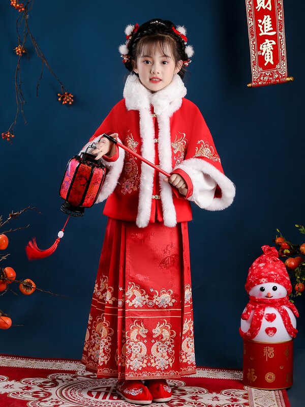 Детское платье Hanfu с изображением лошади, осень и зима 2023, новый детский новогодний костюм