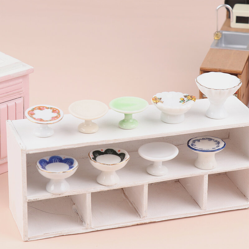 1pc Puppenhaus Miniatur Keramik Obst Teller Teller hoch Tablett Kuchen platte Geschirr Küche Modell Dekor Spielzeug Puppenhaus Zubehör