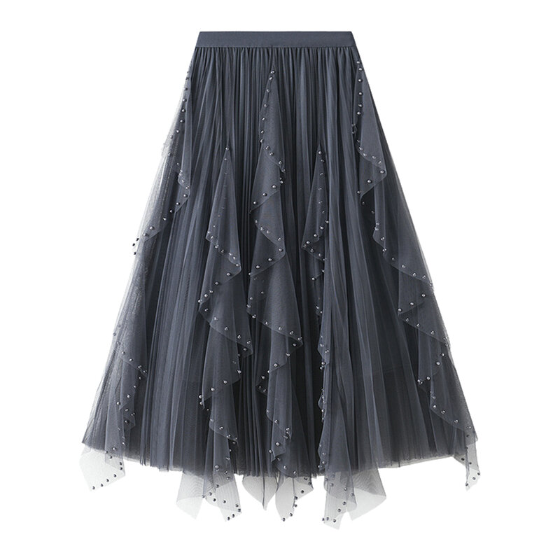 Женская ассиметричная фатиновая юбка с искусственным жемчугом, плиссированная юбка миди с поясом на резинке и каскадными оборками, свадебный аксессуар
