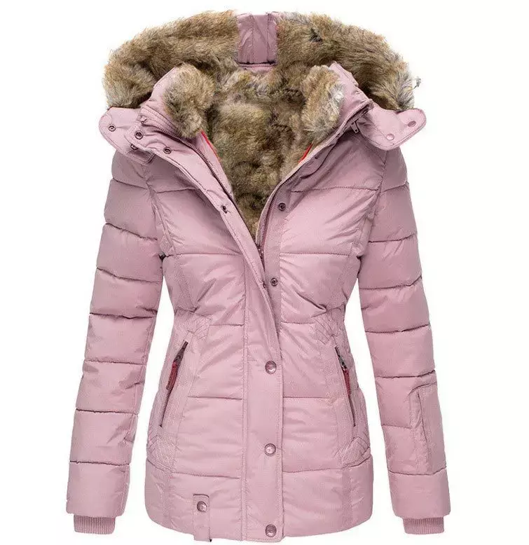 Abrigo de algodón con cuello de lana para mujer, abrigo cálido de manga larga con cremallera, ajustado, con capucha, novedad de invierno