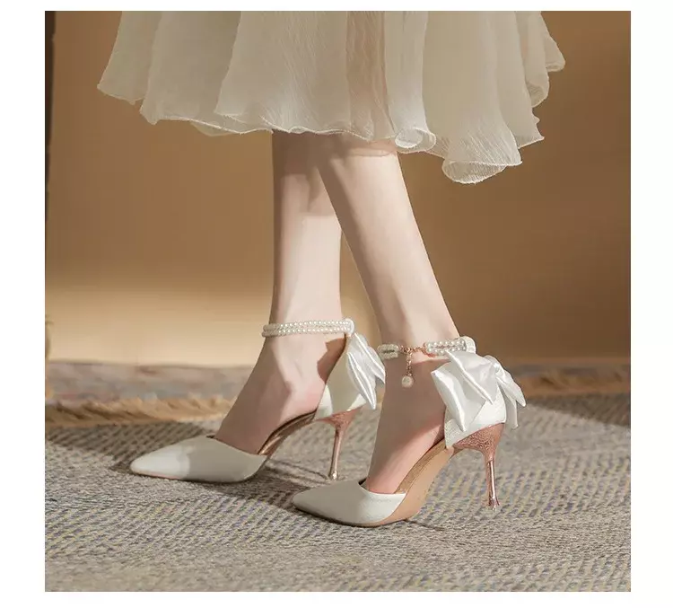 Sandálias ocas de salto fino para mulheres, dedo apontado borboleta pérola, salto alto, sapato de casamento, novo