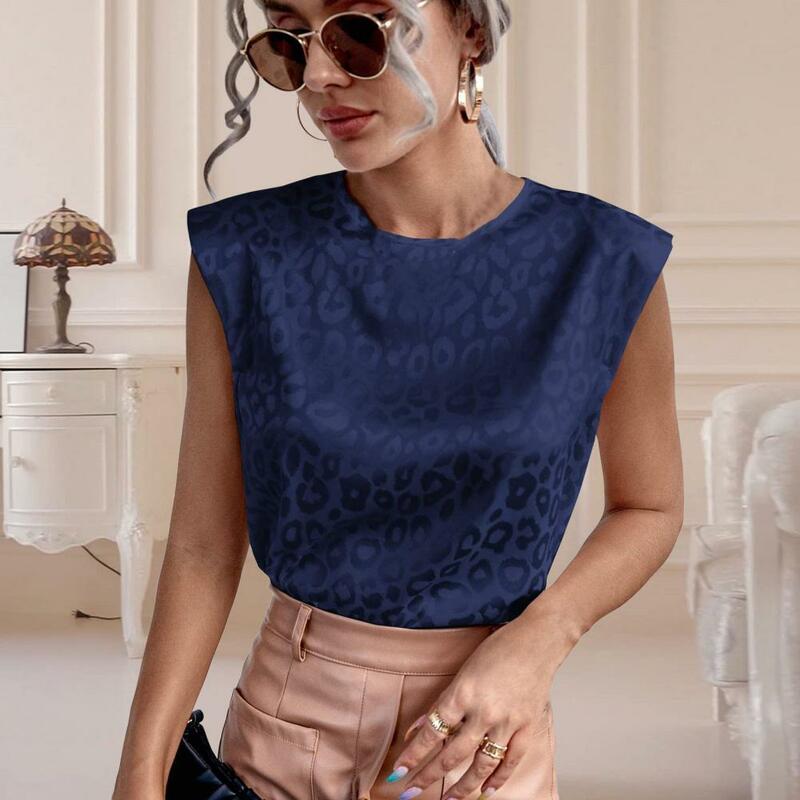 Blusa feminina com estampa leopardo gola redonda, blusa solta, cor de contraste, fechamento de botão traseiro, estilo OL, roupas femininas, verão