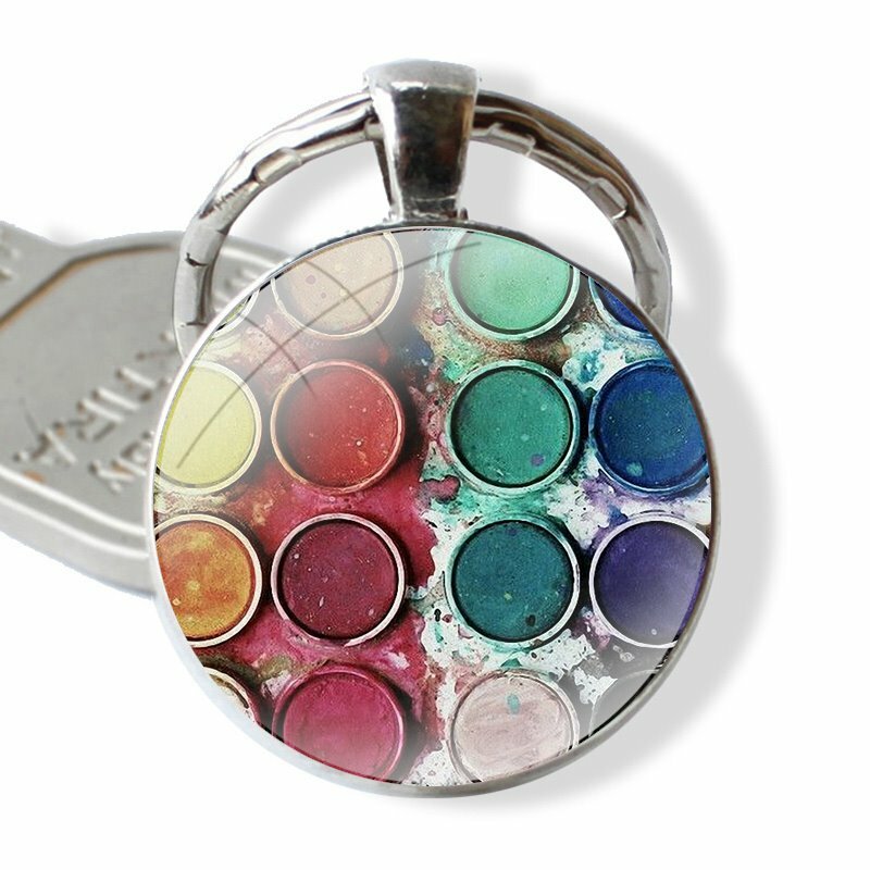 Porte-clés avec palette de peinture colorée, cabochon en verre fait à la main, pendentif