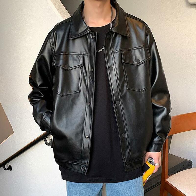 Мужская куртка в стиле ретро, черная куртка из искусственной кожи с отложным воротником, нагрудным карманом и пуговицами на застежке, для весны и осени