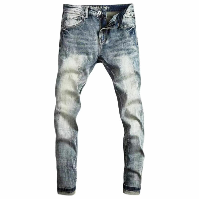 Mode Trendy Mannen Jeans Retro Gewassen Grijs Blauw Elastische Slanke Gescheurde Jeans Mannen Vintage Broek Borduurwerk Designer Denim Broek