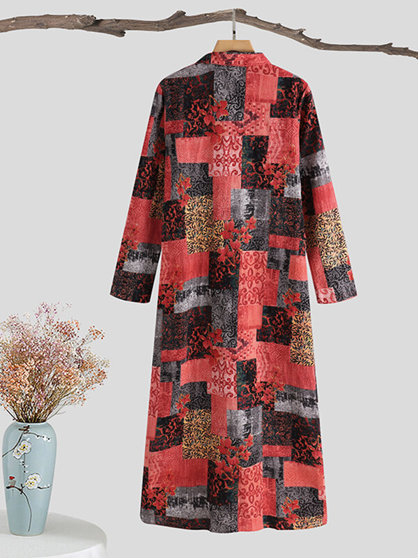Vonda-Vestido vintage floral estampado em algodão feminino, colarinho de lapela casual, vestidos de botão, robe longo boêmio, outono, 2023