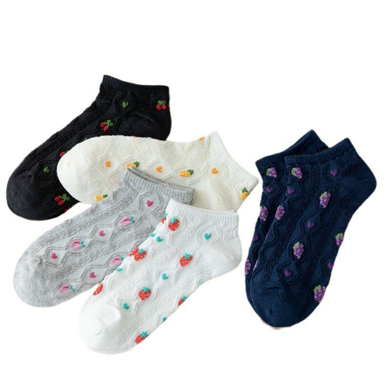 Vintage em relevo diamante fruta algodão tornozelo meias feminino, confortável, respirável, kawaii, meias curtas, I131