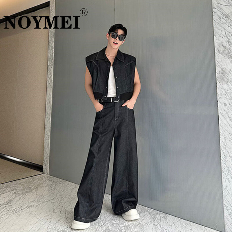 NOYMEI Niche Design American Style Denim Sleeveless Single Breasted Waistcoat Wide Leg Pants Men's Two Pieces Set Black WA4478
