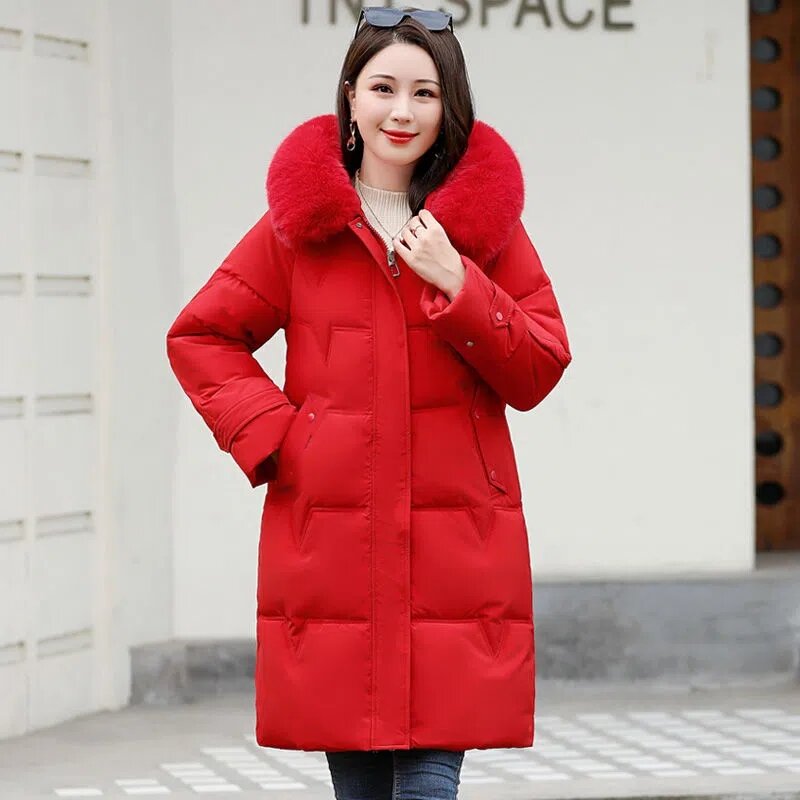 Abrigo de longitud media con capucha para mujer, abrigo holgado y cálido con mangas raglán, cuello de piel grande, moda de invierno, novedad de 2023