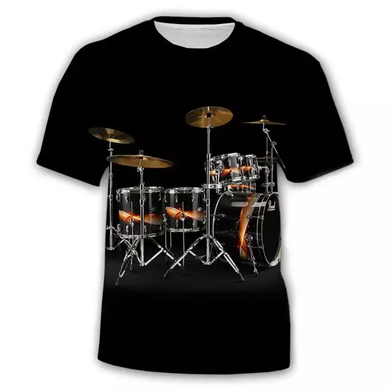 Camiseta de manga corta con estampado 3D de instrumentos musicales, top holgado con cuello redondo, estilo hip hop, novedad de verano, 2024