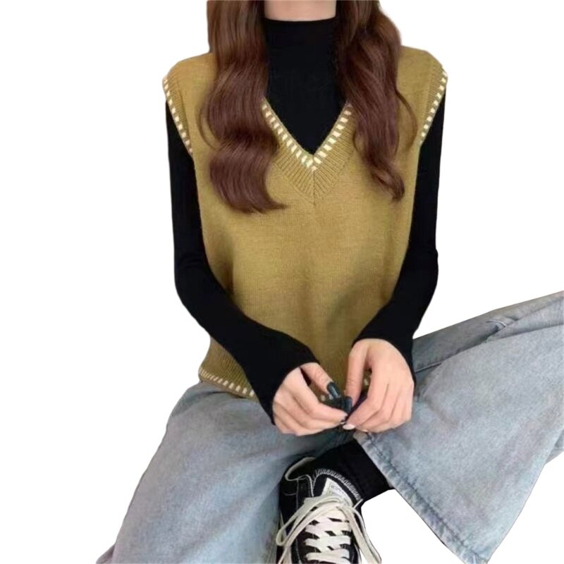 Женский вязаный свитер без рукавов с v-образным вырезом, жилет, повседневный свитер в консервативном стиле, Прямая доставка