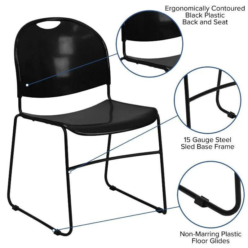 كرسي مكدس أسود مدمج للغاية ، إطار مطلي بالمسحوق الأسود ، سعة 880 رطل