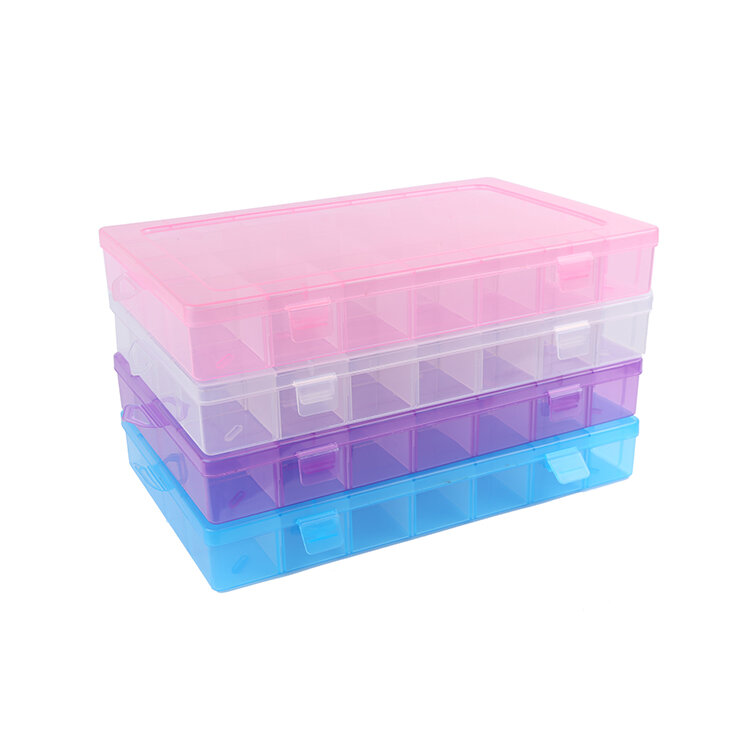 Caja de almacenamiento de cuentas de adornos de plástico, 28 compartimentos de rejilla, retrácromática