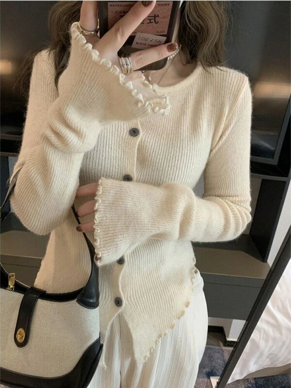 Корейский модный однотонный вязаный кардиган Deeptown, женский элегантный облегающий укороченный свитер, характерный винтажный трикотажный топ с длинным рукавом