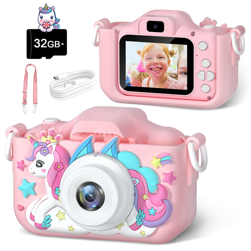 Câmera de vídeo digital para crianças, câmera infantil com capas de silicone, brinquedos para presentes de Natal e aniversário, 1080p HD, 2.0"