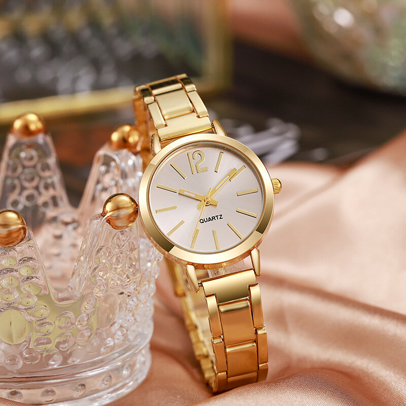 นาฬิกาผู้หญิงหรูหราลำลองสีทองมีหน้าปัดแบบเรียบง่ายนาฬิกาผู้หญิงควอตซ์นาฬิกาข้อมือ reloj mujer นาฬิกาของขวัญสำหรับผู้หญิง