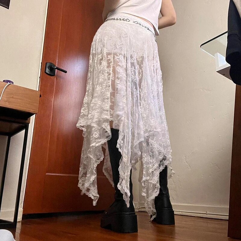 Summer Women's Elastic Lace Skirt Casual Sheer Irregular A-Line Skirt for Beach Vacation Club Streetwear Aesthetic Clothes