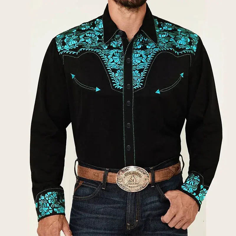 Chemises tribales occidentales pour hommes, médicaments à motifs bleus, roses et noirs, fabriquées à partir de matériaux de haute qualité pour les fêtes, décontractées et à la mode