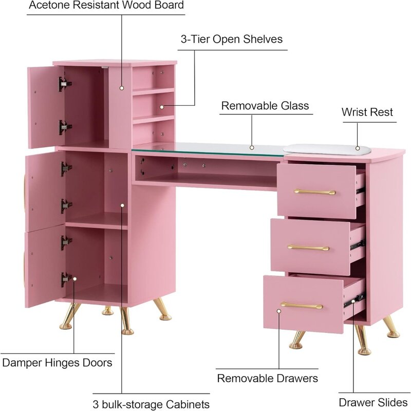BarberPub Manicure Table, Nail Makeup Desk with Drawers, Storage Beauty Salon Workstation 2611 (Pink)