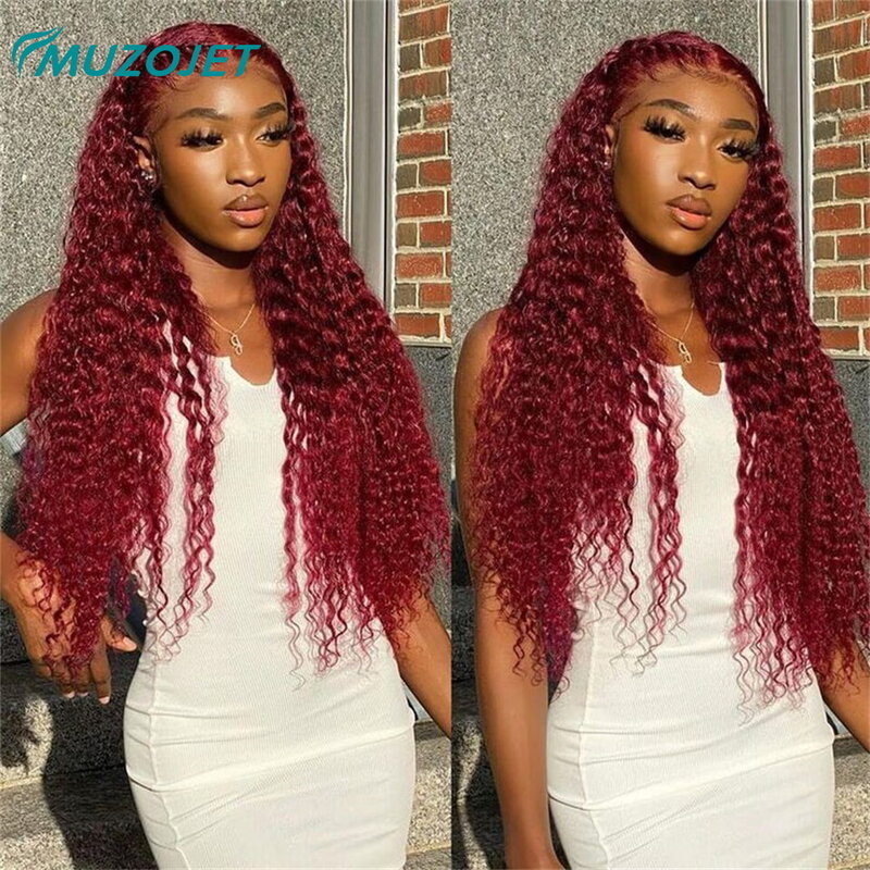13x4 Deep Wave HD Lace Frontal Wigs Transparent 99J Burgundy Curly Lace Front Wigs Wine Red Colored HD Deep Wave Human Hair Wigs