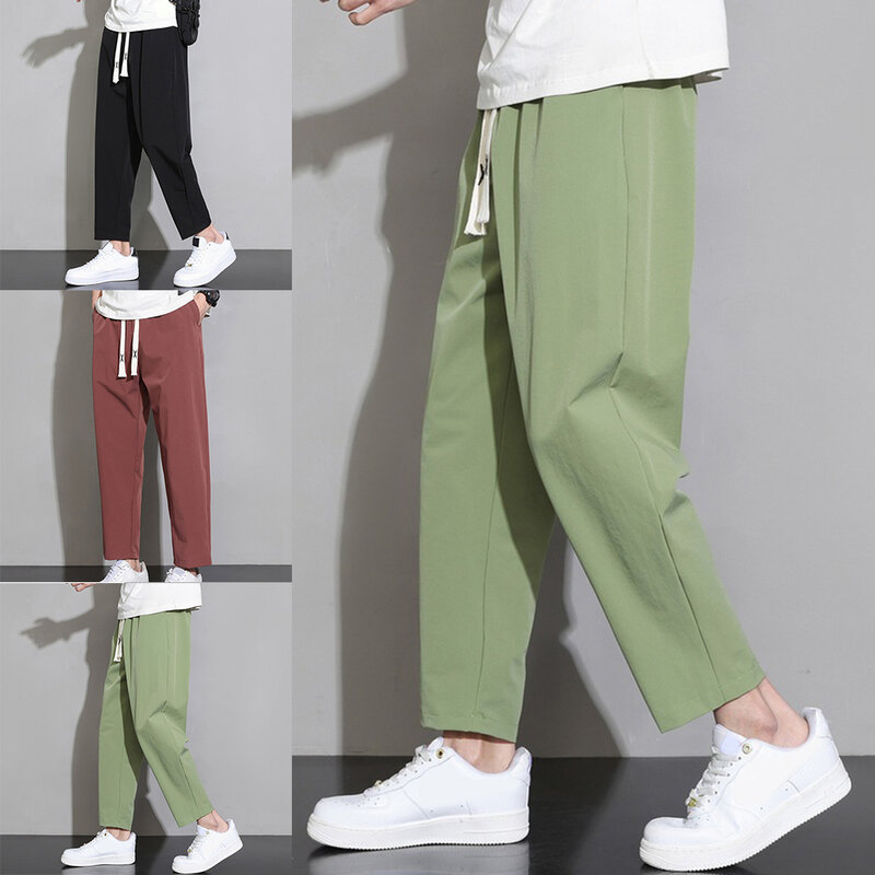 Celana olahraga pria Korea, celana sutra es longgar pinggang pas badan celana kasual serut Harlan musim semi musim panas