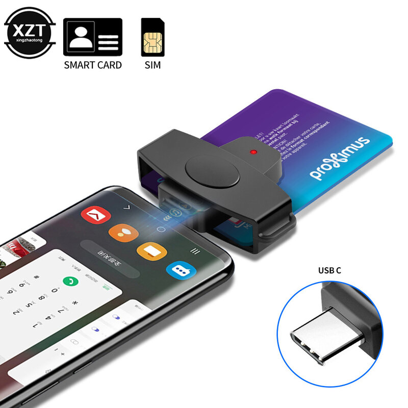 Smart USB Tipo C Card Reader Adapter, Declaração de Imposto Bancário, Cartão SIM, Cartão IC, Leitor de Cartão de Identificação, Windows Mac, OS Android