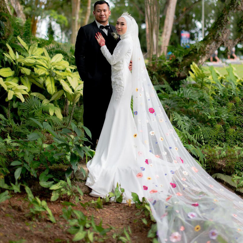 طرحة ثلاثية الأبعاد بحافة مقطوعة لحفلات الزفاف الإسلامية ، زهور مطرزة ، عروس دبي ، شبكة من الدرجة الأولى ، رومانسية