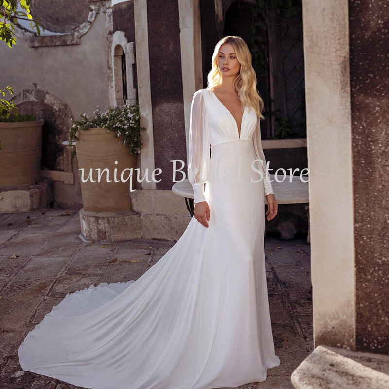 Шифоновое свадебное платье UETEEY 2022 с длинными рукавами и открытой спиной со шлейфом, платье с глубоким V-образным вырезом, дариевое свадебное платье с юбкой-годе