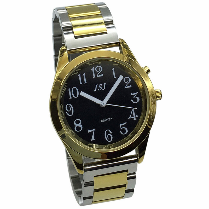 Reloj parlante francés con función de alarma, fecha y hora, esfera negra, correa de cuero marrón, caja dorada, TAF-806