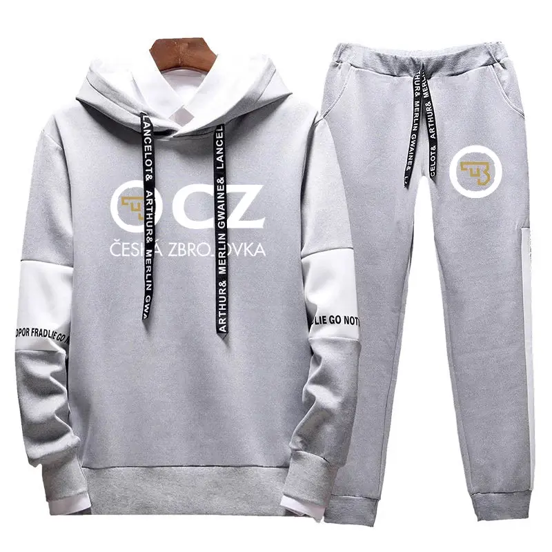 2024 Men's CZ Logo Lacing Strap Hoodies Sets Autumn New Ceska Zbrojovka Printed Hooded Pullover And Solid Color Sweatpants Suits