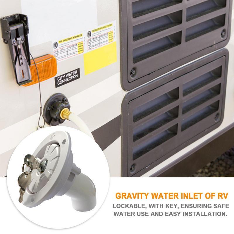 Gravidade Water Fill Cap para RV, Freshwater Inlet Hatch, Bloqueável à prova de vazamento Filler, campista, 2 chaves
