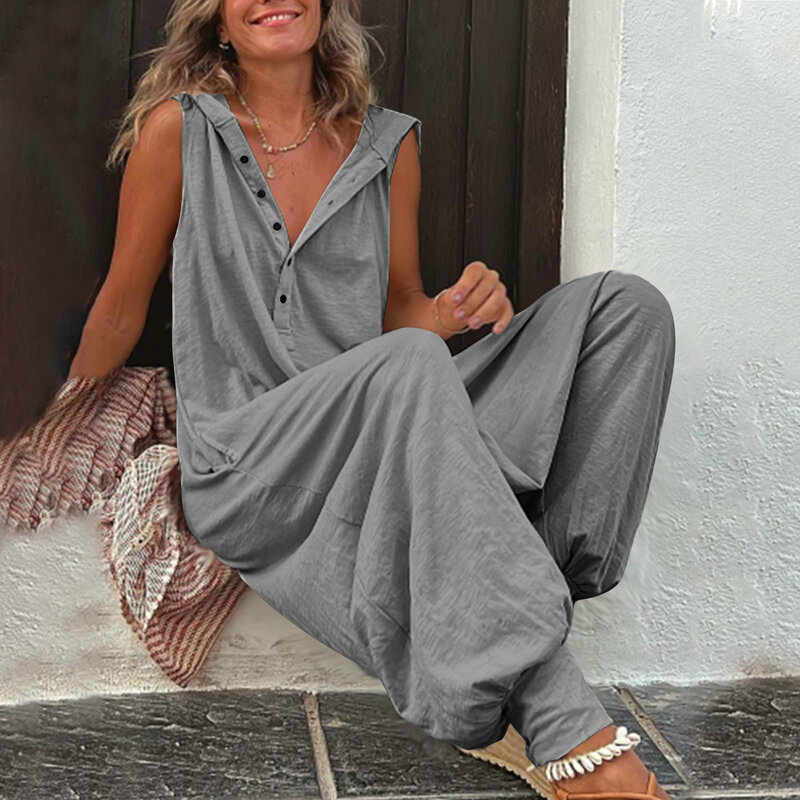 Vintage kombinezon na guziki letnie damskie casual plażowe spodnie Cross-dressy modne luźne solidne pajacyk z kapturem bez rękawów Streetwear
