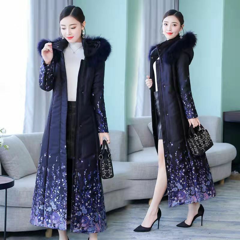 2023 nowych kobiet zimowa długa z nadrukiem w stylu vintage płaszcze bawełniane moda ciepła w średnim wieku luźna bawełna z kapturem
