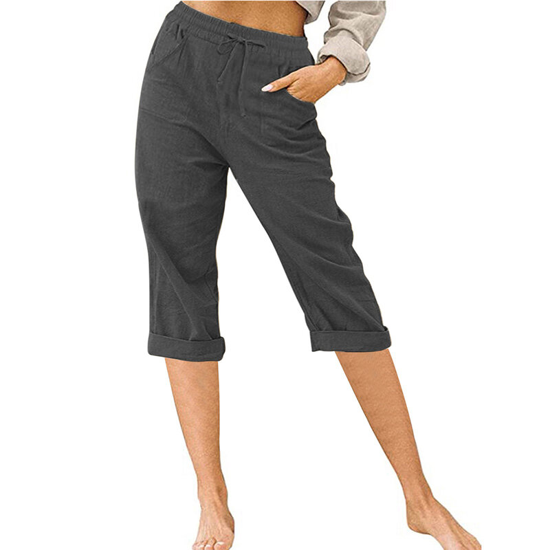 Pantalones Capris rectos de cintura elástica para mujer, Capris informales, a la moda, sencillos, sólidos, para vacaciones en la playa, novedad de verano