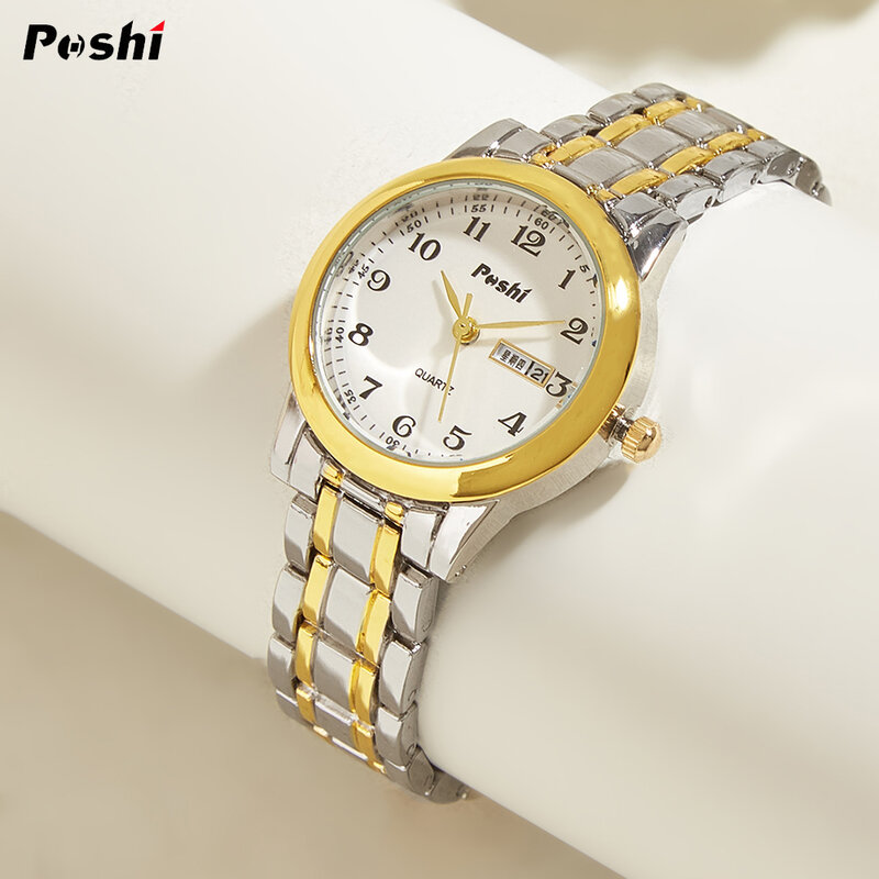 POSHI Original Waterproof Quartz Watch for Women Fashion Ladies Bracelet Luxury Stainless Steel Strap Date Week Women's Watches