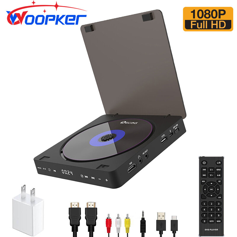 Woopker-Leitor de DVD HD com HDMI, Conexão AV, Entrada USB, Saída de auscultadores, Touch LED Screen, Tipo-C, 5V, 2A, 1080P