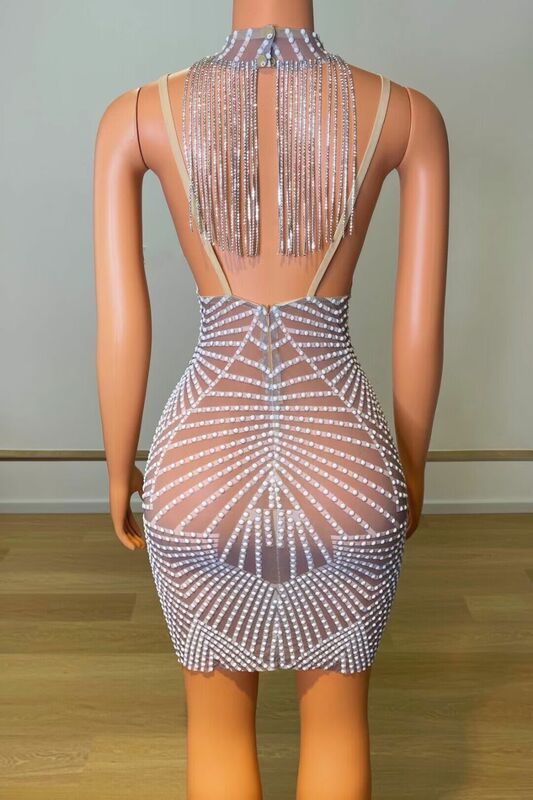 Customized Tassels  Mesh lace Transparent High Elastic Short Sleeve Sequins Sexy Tight Party Dress  Stage Performance Dress