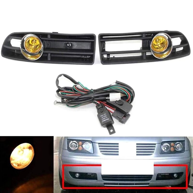 Conjunto de luces antiniebla delanteras, luz amarilla, rejilla de lámpara antiniebla con arnés de interruptor para VW Bora Jetta MK4 1998-2004, accesorios