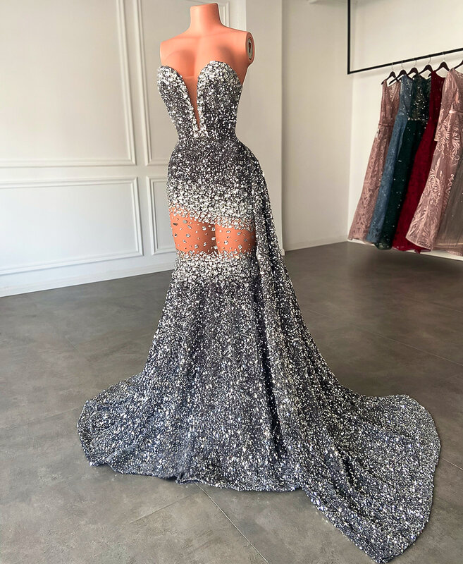 Lange Sparkly Prom Dresses 2023 Luxe Sexy See Through Mermaid Zilver Diamant Zwarte Meisjes Prom Gala Formele Jassen Met Side trein
