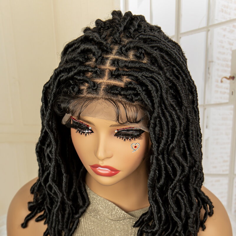 Short Synthetic Locs Braided Wigs Lace Frontal Knotless Box Braids Wig with Baby Hair for Black Women 14 Inches Lightweight Wig